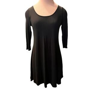 Eileen Fisher Silk Scoop Neck 3/4 Sleeve Tee Shirt Dress SZ XS Black Ballet